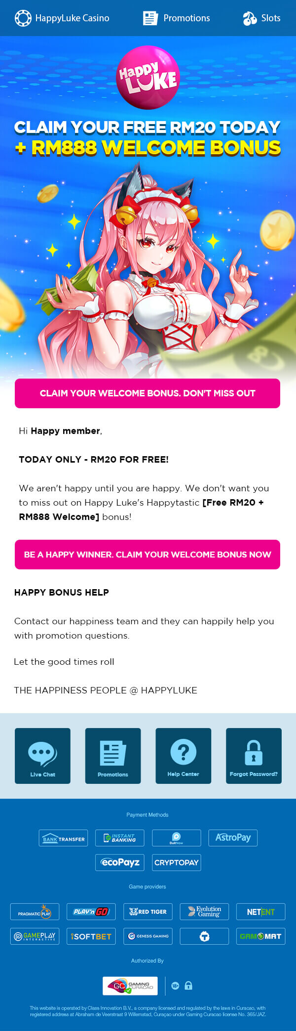 HappyLuke Free RM20 + RM888 Welcome Bonus